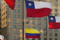 Chilean national flags flying in Plaza de la Constitucion.ChileLatin AmericaSouth AmericaSantiagoTourismTravelFlagsAmerican Hispanic Latino