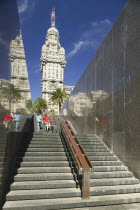 Steps rising up from Jose G Artigas mausoleum in Plaza Independencia with Palacio Salvo behind.LandmarkPalacio SalvoMontevideoHolidaysTourismTravelSouth AmericaUruguayLatin AmericaArtigasAm...