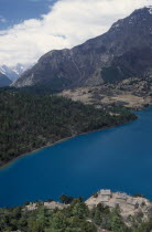 View south west over Pal Sentan Thasoon Chholing Monastery and Phoksumdo LakeAsia Asian Nepalese Scenic