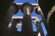 Temple Of Amun. Coloumns in the Great Hypostyle Hall. Angled view looking up through coloumns towards blue sky African Middle East North Africa History