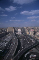 Elevated view over busy road network and tall city buildingsAfrican Middle East North Africa Scenic