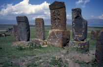 Carved memorial stones or Khachkars dating from 13th century.Armenian Asia Asian European Middle East Religion Religious