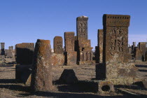 Carved memorial stones or Khachkars dating 7th-13th century.Armenian Asia Asian European Middle East Religion Religious