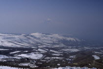 Aerial view over Mount Ararat in Turkey from Vokhchaberd with polluted air from Yerevan on the right.Armenian Asia Asian Ecology Entorno Environmental Environnement Green Issues Middle East Scenic Tu...