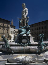 Piazza della Signoria.  Fontana di Nettuno  fountain designed by Ammannati in 1575 depicting the Roman sea god surrounded by water nymphs.Firenze History Italia Italian Southern Europe European Tosca...