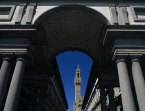 Palazzo Vecchio.  View through colonnaded archway towards the Campanile.Firenze Italia Italian Religion Southern Europe European Religious Toscana Tuscan