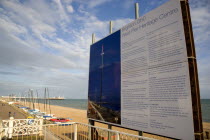 Ruins of the West pier with boards showing plans for the i360 observation tower top be built.European Great Britain Northern Europe UK United Kingdom