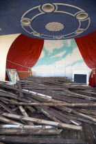 Piles of old decking in the bandstand the day that timber was washed up on the beach from the Greek registered Ice Princess which sank off the Dorset coast on 15th January 2008