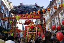 Lion Dance troupe in Gerrard Street with their lions before performing through the area during Chinese New Year celebrations in 2006 for the coming Year of The Dog