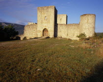 Chateau Puivert  Cathar castle stronghold in the thirteenth century.  East gate and fortified walls and turrets.