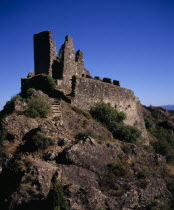 Chateaux de Lastours  Cathar castles.  Chateau Surdespine  1153  on steep hillside.