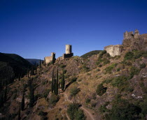 Chateaux de Lastours. Cathar castles.  From left to right Chateau Cabaret  mid-eleventh century   Tour Regine  added after 1240   and Surdespine  1153