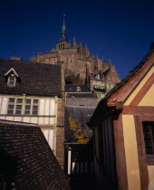 The Abbey on hilltop above houses seen from Liberty Tower.