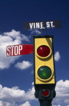 Universal studios. Old style traffic lights and Vine Street stop sign