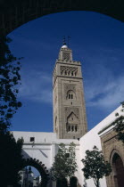 Main Mosque in Habbous District. Minaret seen from under an arch