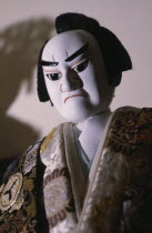 Detail of bunraku puppet male character.  Puppets are elaborate and expressive with moving features.