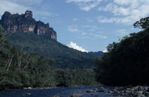 River flowing through tree covered landscape overlooked by sheer  eroded cliff.