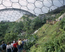 Eden Project. Tropical dome interior with visitors on path leading past waterfall