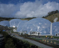 Eden Project. View over temperate domes with tropical domes behind