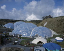 Eden Project. View over temperate domes with tropical domes behind