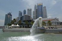 Merlion and the city skyline viewed from the water.