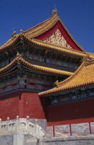 Forbidden City.  Detail of highly decorated pagoda style rooftops.