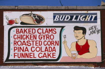 Coney Island.  Sign for cafe / bar listing food and drink  with painted illustrations of drinking man spinning a clam shell on his finger and American slang phrase  Hey Joey .