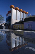 The Circus Building modern amusement arcade and cinema complex seen across water