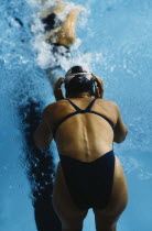 USA. World Student Games. Female swimmer in relay changeover