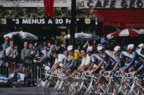 Tour de France.  Competitors lined up for final stage in the Champs Elysees.  Overall team winner Team Banesto and individual Miguel Indrain wearing yellow.