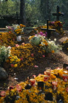 Tzurumutaro Cemetery.  Graves decorated with candles  carved pumpkins and marigold flowers for the Day of the Dead.