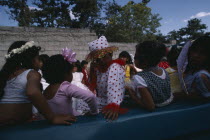 Children in costume for carnival procession.American Hispanic Kids Latin America Latino Mexican