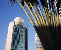 Etisalat Building on Dubai Creek with traveller s palm  partly in shadow in the foreground.Dubayy United Arab Emirates Al-Imarat Al-Arabiyyah Al-Muttahidah Arabic Emiriti Middle East