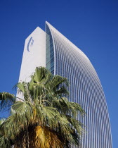 National Bank of Dubai on Dubai creek with palm in foreground.Dubayy United Arab Emirates