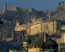 Amber Palace temple roof and fort on hill