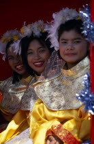 Chinese new Year procession three smiling girls on floatAsian Happy Prathet Thai Raja Anachakra Thai Religion Siam Southeast Asia 3 Contented Religious Siamese