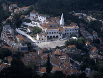 Aerial view looking down on the town and Palacio Nacional de Sintra.