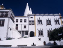 Palacio Nacional de Sintra facade and huge conical chimneys above  dating from the 14th century.