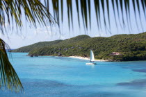 Raffles Resort Hotel with a catamaran leaving Carenage Bay passing the pink Villa Juliet and the Amrita Spa on Godahl Beach