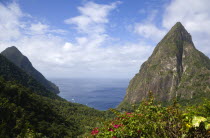 Val des Pitons The volcanic plugs of Gros Piton on the left and Petit Piton on the right with the lush valley seen from the sun deck of the Ladera Spa Resort Hotel