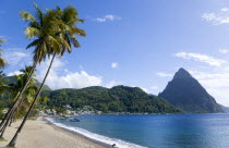 Soufriere beach lined with coconut palm trees with the town and the volcanic plug mountain of Petit Piton beyond