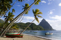 Fishing boats on the beach lined with coconut palm trees with the town and the volcanic plug mountain of Petit Piton beyond