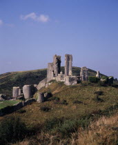 The ruin of Corfe Castle viewed from East HillIsle of PurbeckEuropean Scenic Castillo Castello Great Britain History Northern Europe UK United Kingdom