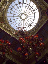 Interior of the Cafe Vaudeville bar and restaurant in Arthur Street. Detail of skylight and chandeliers  building used to be a Bank.Bal Feirste Eire European Irish Northern Europe Republic Ireland P...