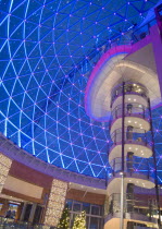 Victoria Square shopping centre decorated for Christmas. View of the glass dome illuminated at night.Beal Feirste Center Cultural Cultures Eire European Irish Northern Europe Order Fellowship Guild C...