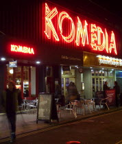 Exterior of the Komedia theatre  cafe and bar in Gardner Street. Neon SignEuropean Great Britain Northern Europe UK United Kingdom British Isles Bistro Inn Pub Restaurant Tavern Theater Public House