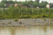 A man fishing on the lower embankment. Two lined embankments protect this village east of Wuhan from annual flooding of the Yangtze River Asia Asian Chinese Chungkuo Jhonggu Zhonggu 2 Ecology Entor...