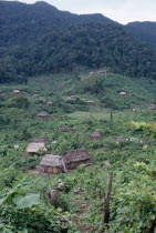 Q eqchi Indian refugee village. Thatched roof homes set amongst lush green plants  vegetation and rainforest.Q eqchi indigenous people American Central America Hispanic Indegent Latin America Latino...