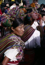 Ixil Indian women wearing traditional dress with an elaborate head-dress wrapped into the hair American Central America Classic Classical Female Woman Girl Lady Hispanic Historical Latin America Lat...