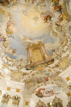 Baroque church  interior view of frescoes on rear end of the ceiling above the organ depicting Door of Heaven / ParadiseReligion Architecture Churches RococoUNESCO World Heritage Site Bayern Deutsch...